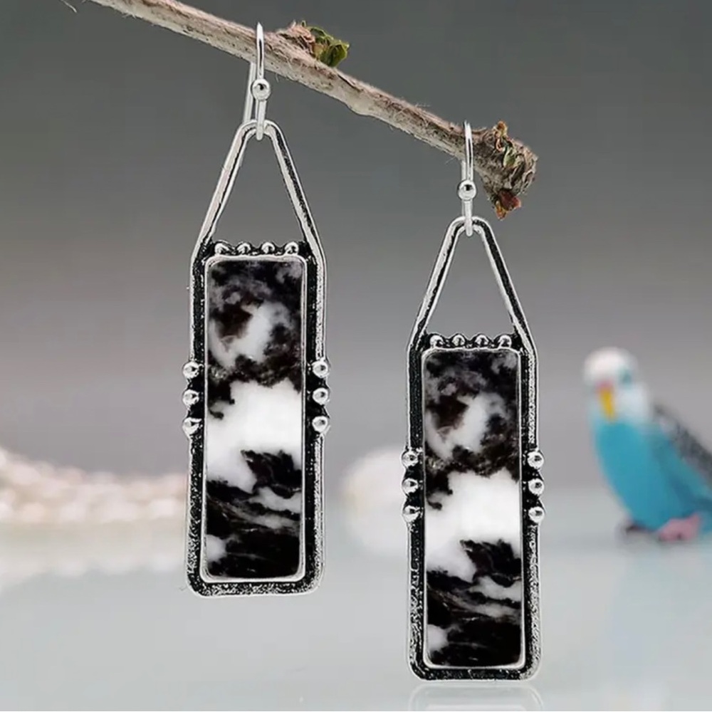 Black White Dangle Earrings Silver Tone Drop Lightweight Statement Gift